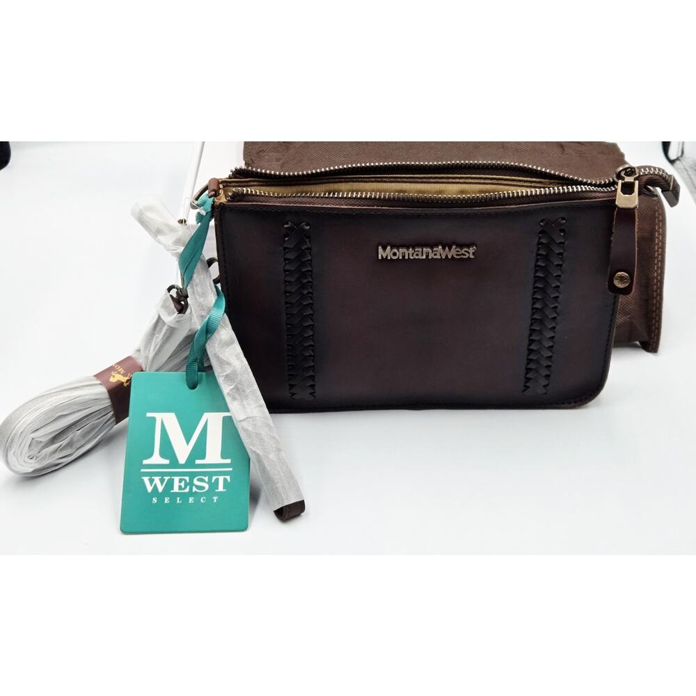 Montana West Genuine Leather Crossbody Clutch Purse Brown Western Braided New w/